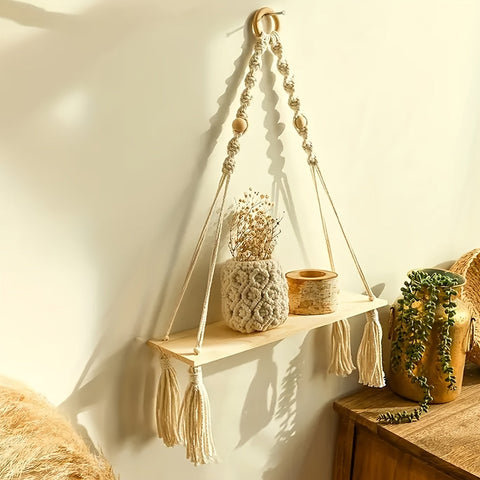 Boho Makramé Wandregal – Handgefertigtes Holzregal mit Rope-Design für ein stilvolles Interieur