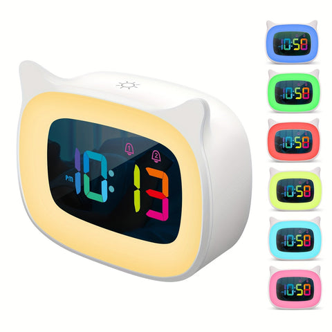 Süße Katzenohren Wecker – RGB Nachtlicht mit 18 Melodien und USB Aufladbar