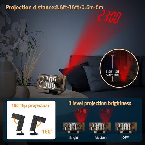 LED-Projektionswecker mit 180° verstellbarer Projektion – Deutliche Anzeige und Schlummerfunktion für Schlafzimmer oder Büro