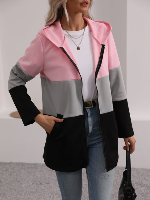 Farbblock Zip-Up Kapuzenjacke – Stilvoll und Komfortabel für Freizeitoutfits