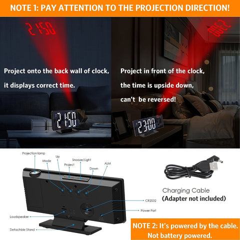 LED-Projektionswecker mit 180° verstellbarer Projektion – Deutliche Anzeige und Schlummerfunktion für Schlafzimmer oder Büro