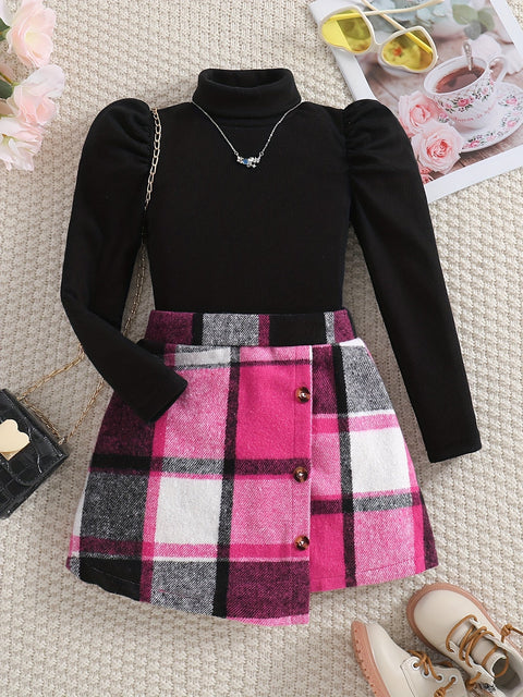 Feline Elegante Turtleneck Outfit für Kinder - Karierte Rock und Pullover Set