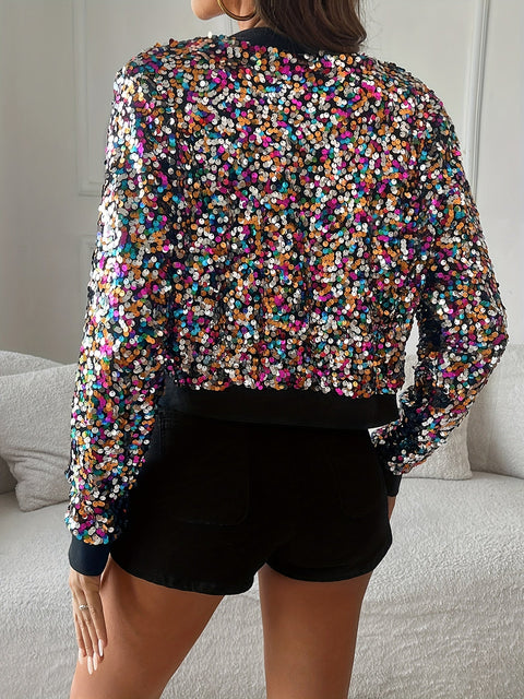 Glitzernde Pailletten Bomberjacke - Funkelnder Look für Partys und Abende Aus