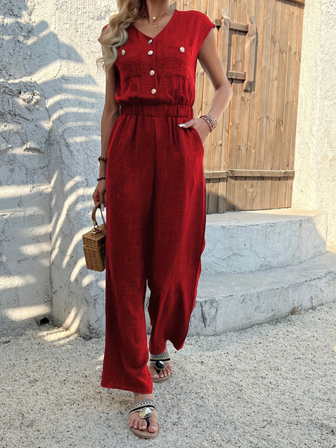 Eleganter V-Ausschnitt Jumpsuit für Damen – Hohe Taille und Lässiger Stil