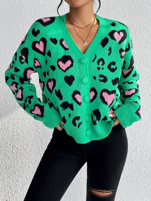 Damen Leopard Print Love Cardigan – Fröhlich und Bequem für Frühling und Herbst