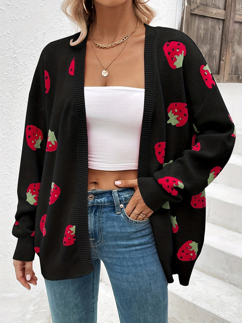 Damen Erdbeerprint Cardigan – Trendy und Komfortabel für Frühling und Herbst
