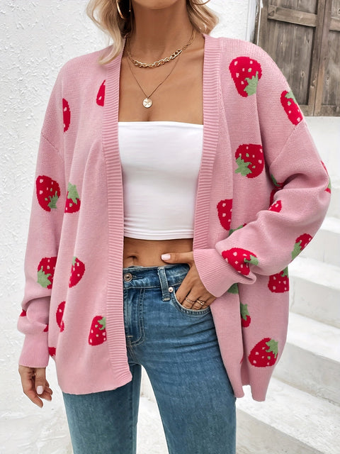 Damen Erdbeerprint Cardigan – Trendy und Komfortabel für Frühling und Herbst