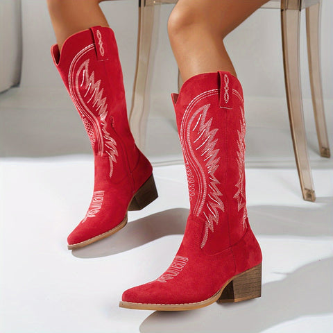 Damen Gestickte Cowboy-Stiefel mit Spitzem Absatz und Mittelhohen Absätzen