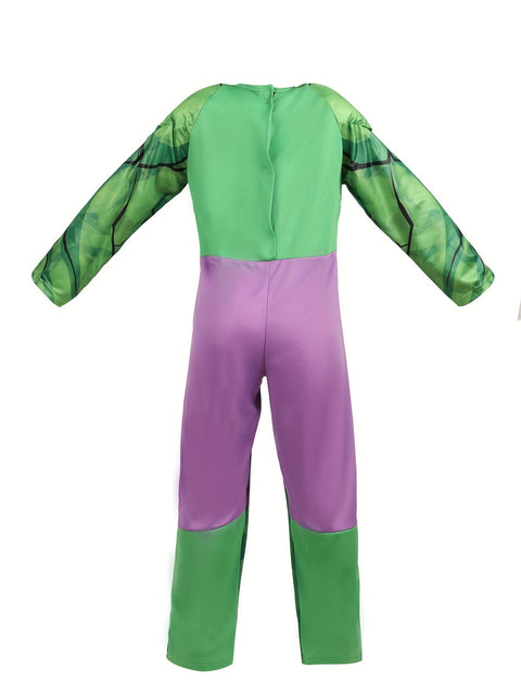 Superhelden Kostüm für Kinder – Grüner Jumpsuit mit Muskel-Design und Maske