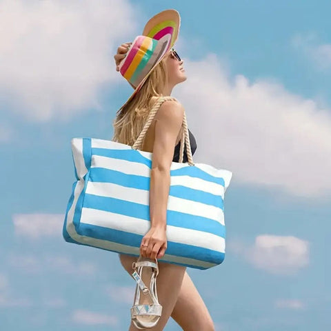 Gestreifte Strandtas – Geräumige Reisetasche mit stabilen Seilhänden für Transport und Outdoor-Urlaube