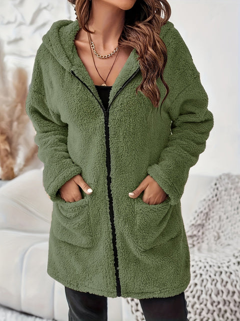 Weicher Plüsch Winterjacke mit Reißverschluss und Taschen - Warme und Bequeme Jacke für Kalte Tage