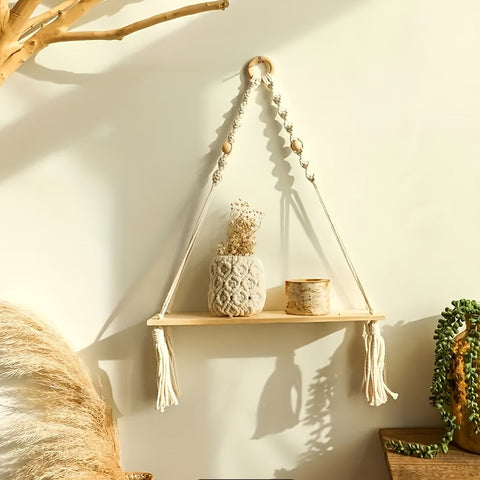 Boho Makramé Wandregal – Handgefertigtes Holzregal mit Rope-Design für ein stilvolles Interieur