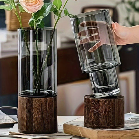 Luxe Glasvase mit Holzfuß - Elegant und Modern
