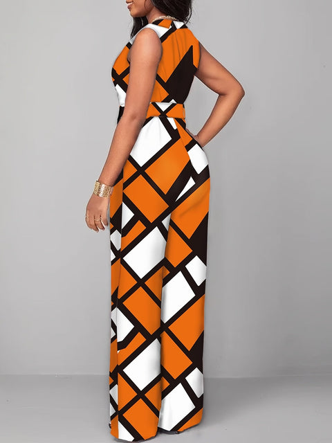 Eleganter geometrischer bedruckter Jumpsuit – Breite Hosenbeine und Gürtel für Partys und legere Kleidung