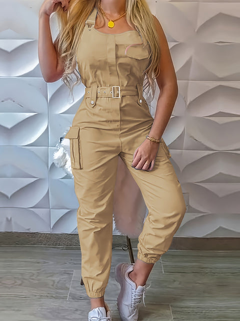 Effen Cargo Jumpsuit für Damen – Ärmellos und Mit Gürtel für Komfort und Stil
