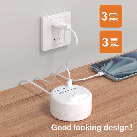 Multifunktionale Steckdosenleiste mit USB-Ladegeräten – 3 USB-A und 3 Type-C Anschlüsse, Ideal für Zuhause und Büro