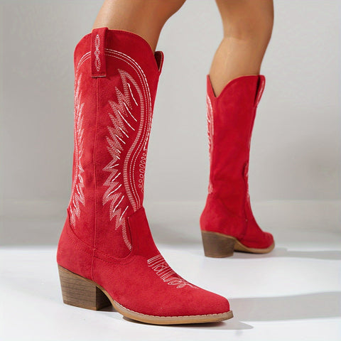 Damen Gestickte Cowboy-Stiefel mit Spitzem Absatz und Mittelhohen Absätzen