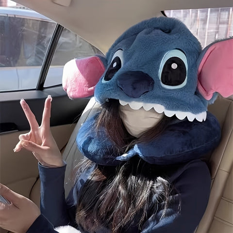 Plüsch Stitch Reisnackkissen mit Kapuze - Komfortables U-förmiges Kissen mit Ohrenschützern