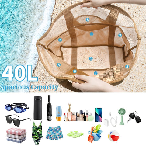 Leichte und Geräumige Mesh Strandtasche – 40L Faltbare Tote mit Festen Schulterriemen und Offenem Oberteil
