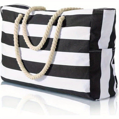 Gestreifte Große Kapazität Strandtasche – Langlebiges Polyester mit Reißverschluss